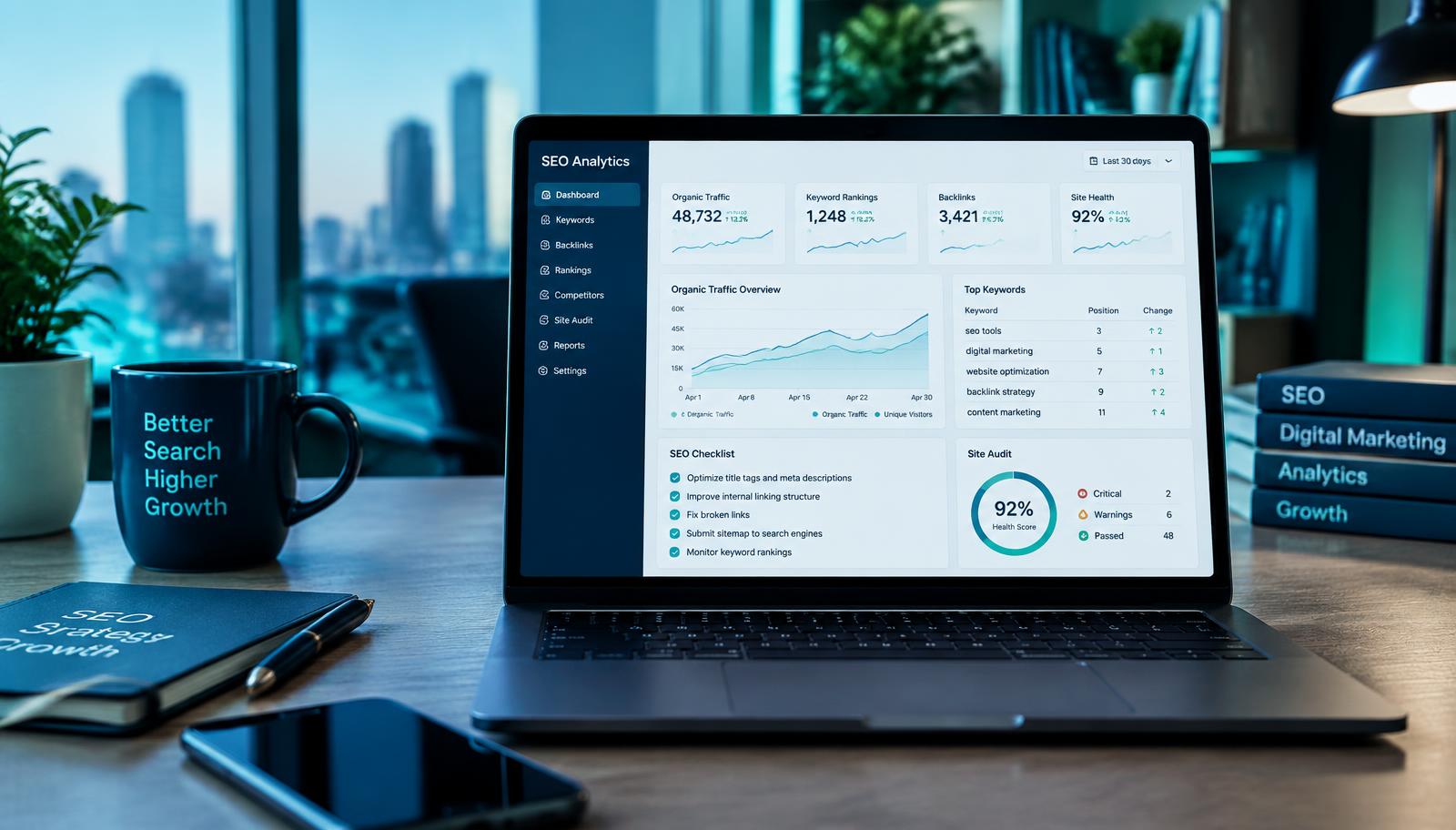 Portátil con un panel de analítica SEO y una checklist de optimización