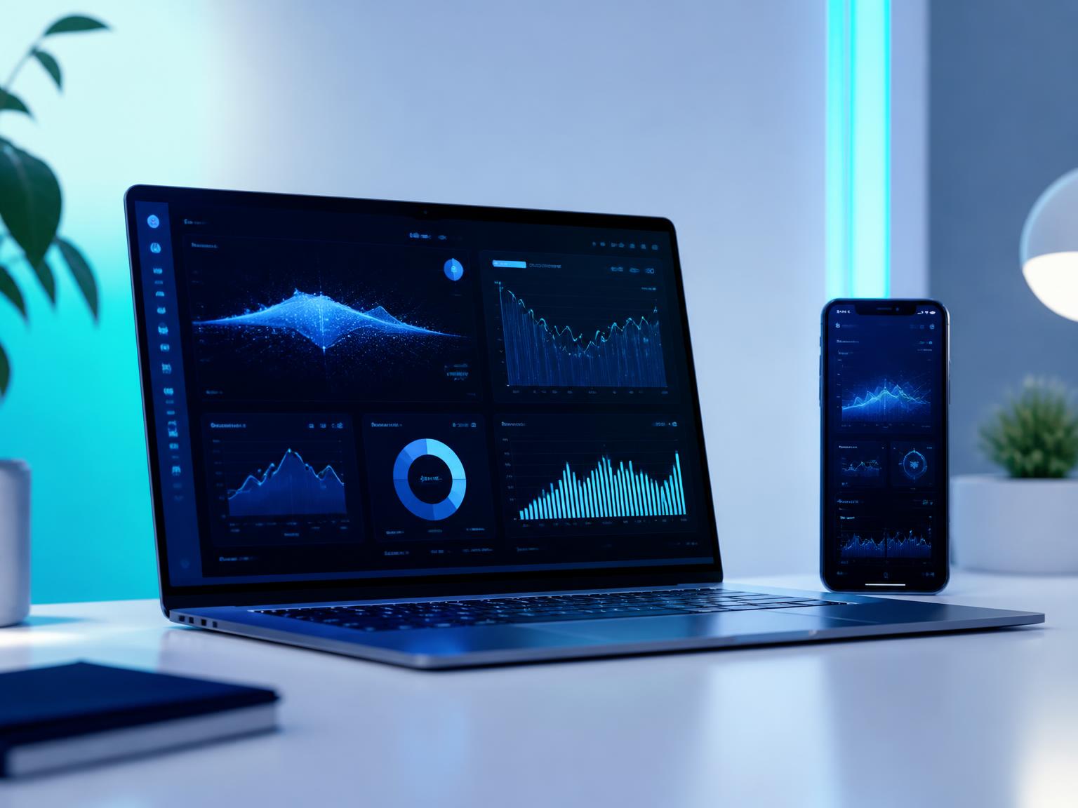 Panel de control con inteligencia artificial, portátil y móvil mostrando soluciones tecnológicas de Sígusta
