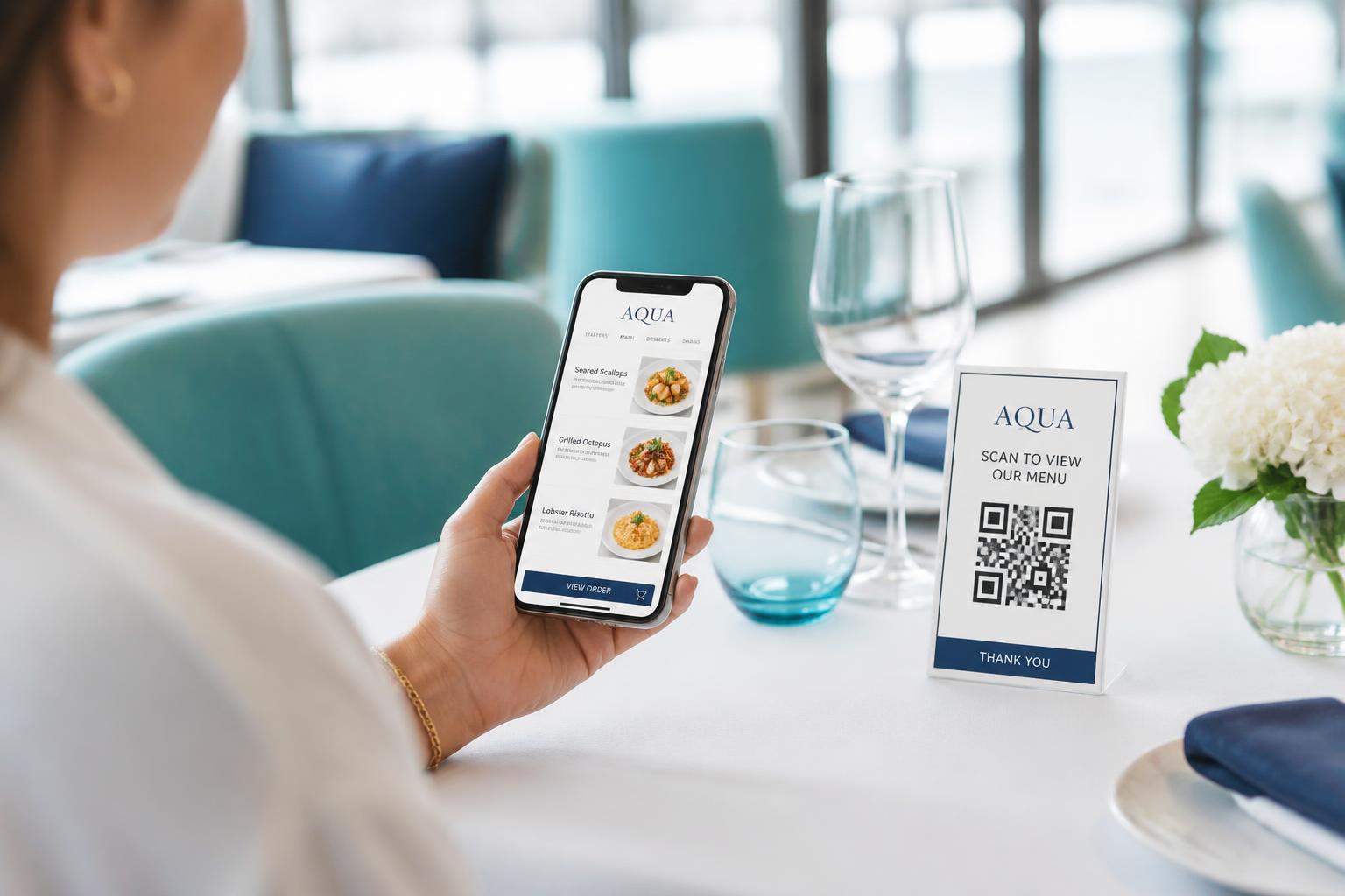 Cliente consultando una carta digital con código QR desde el móvil en un restaurante