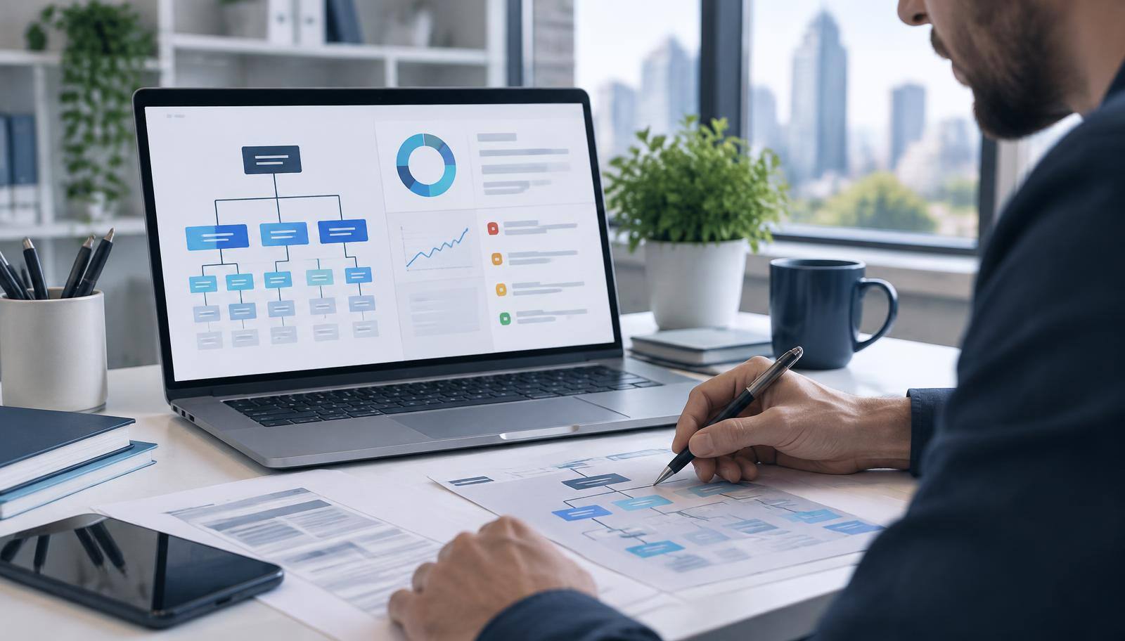 Especialista revisando datos técnicos, contenidos y rendimiento durante una auditoría SEO