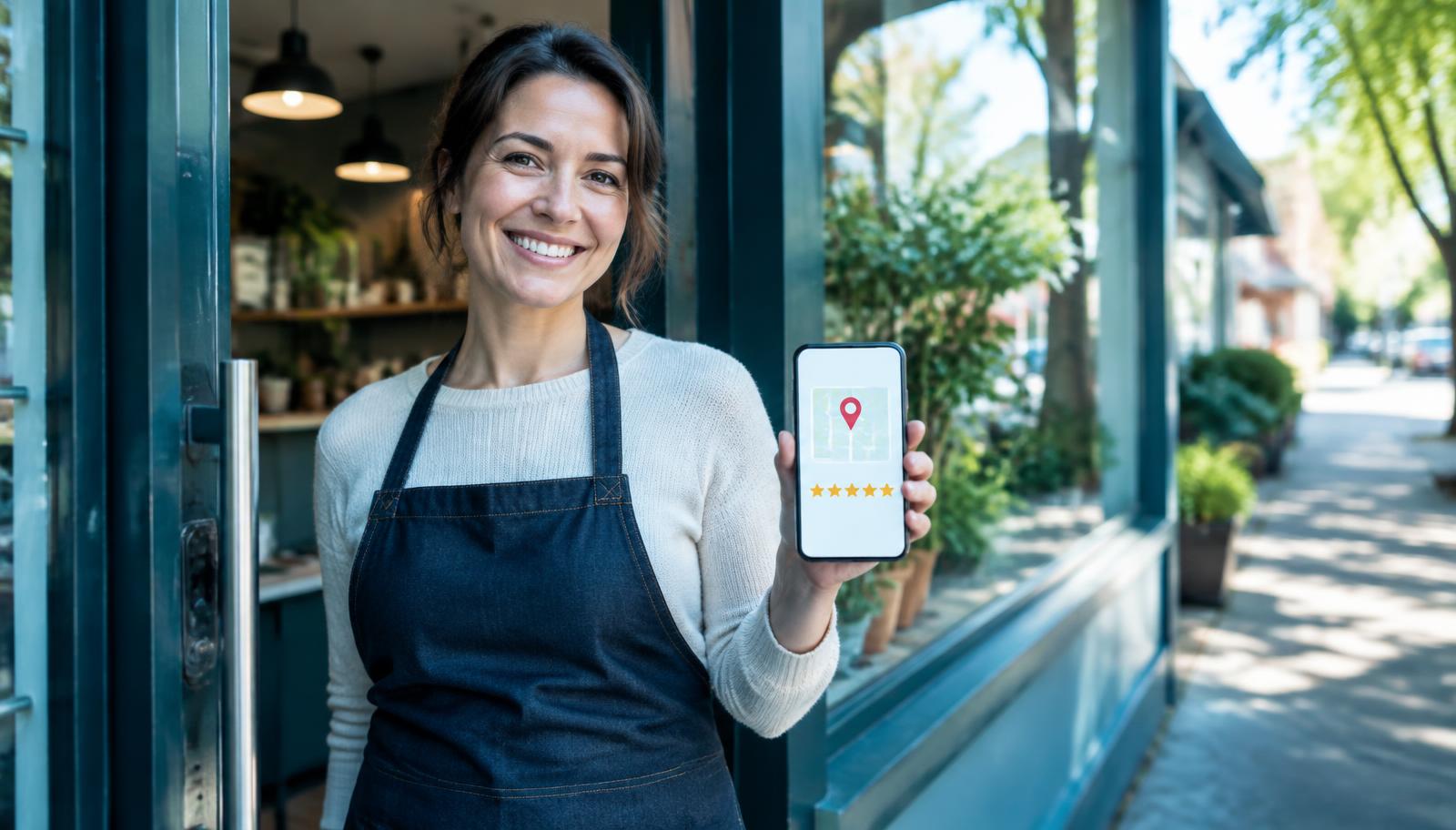 Propietaria de un negocio local en la puerta de su tienda mostrando un móvil con su ubicación en el mapa y valoraciones de clientes